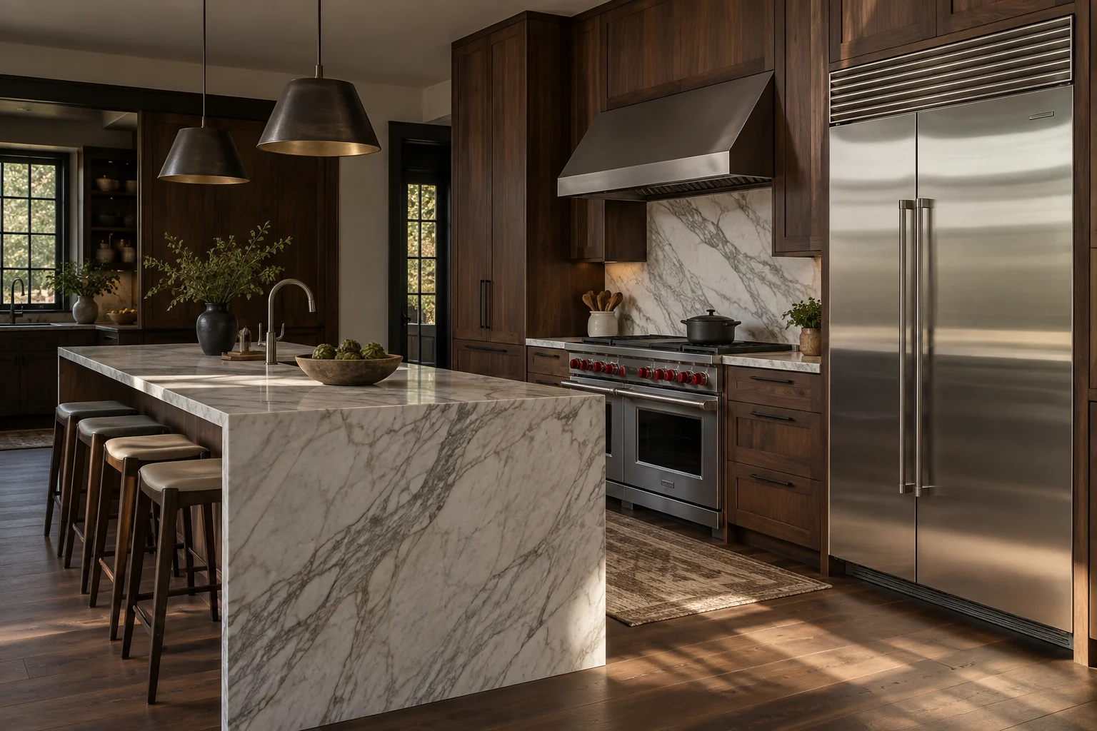 Premium kitchen with walnut cabinets, built-in stainless refrigeration and a professional range