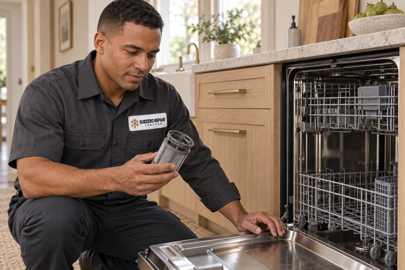Illustrative technician wearing the SubZero Repair Concord logo inspecting a dishwasher filter