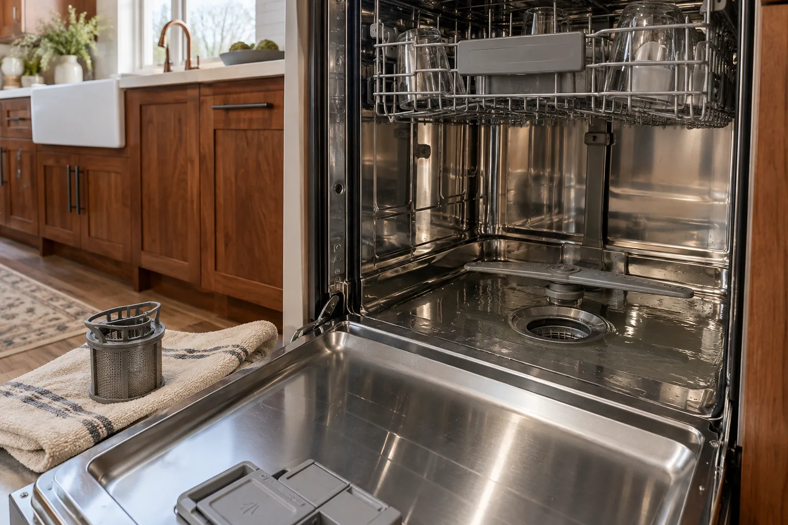 Illustrative standing water around a dishwasher sump with filter on a towel