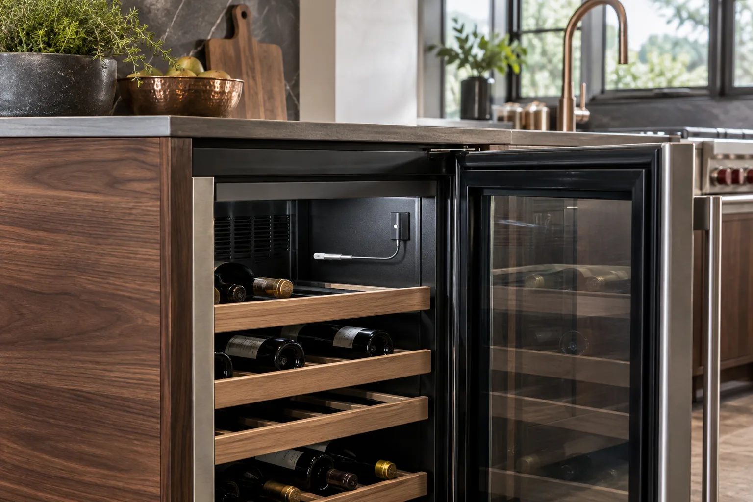 Undercounter wine cooler with an interior temperature sensor and wooden bottle shelves
