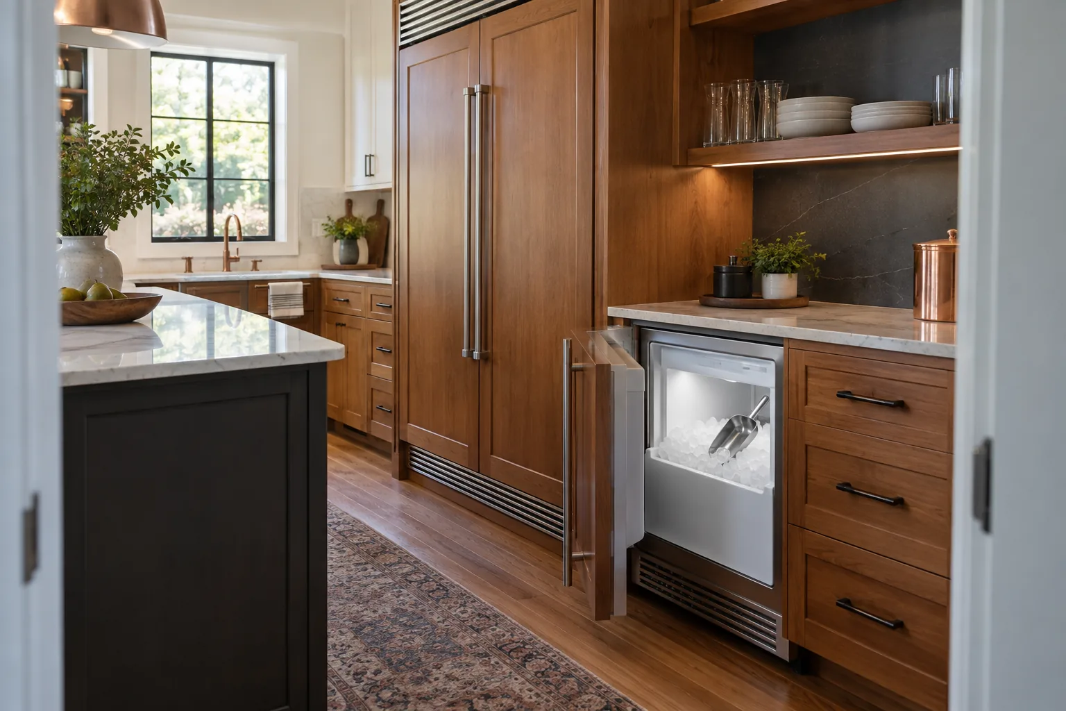 Open integrated ice maker beside paneled refrigeration in a warm wood kitchen