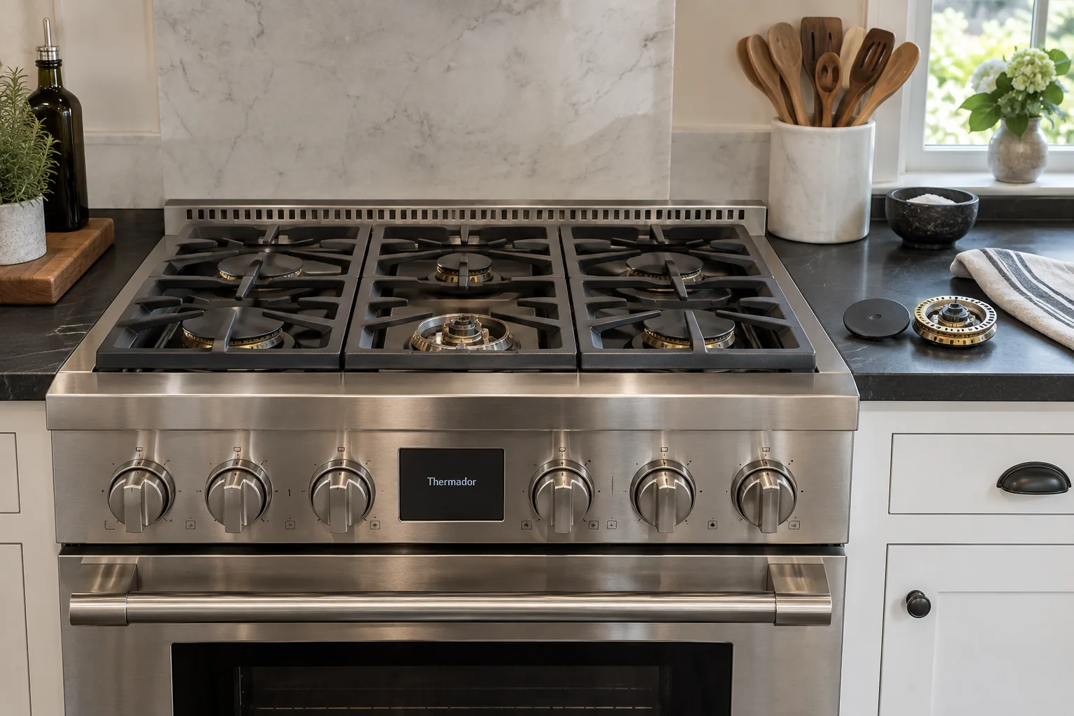 Stainless Thermador-style range with a cold burner assembly removed