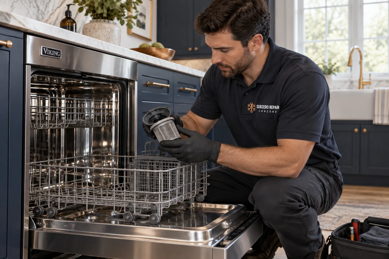 Technician examining a Viking dishwasher filter in a navy kitchen