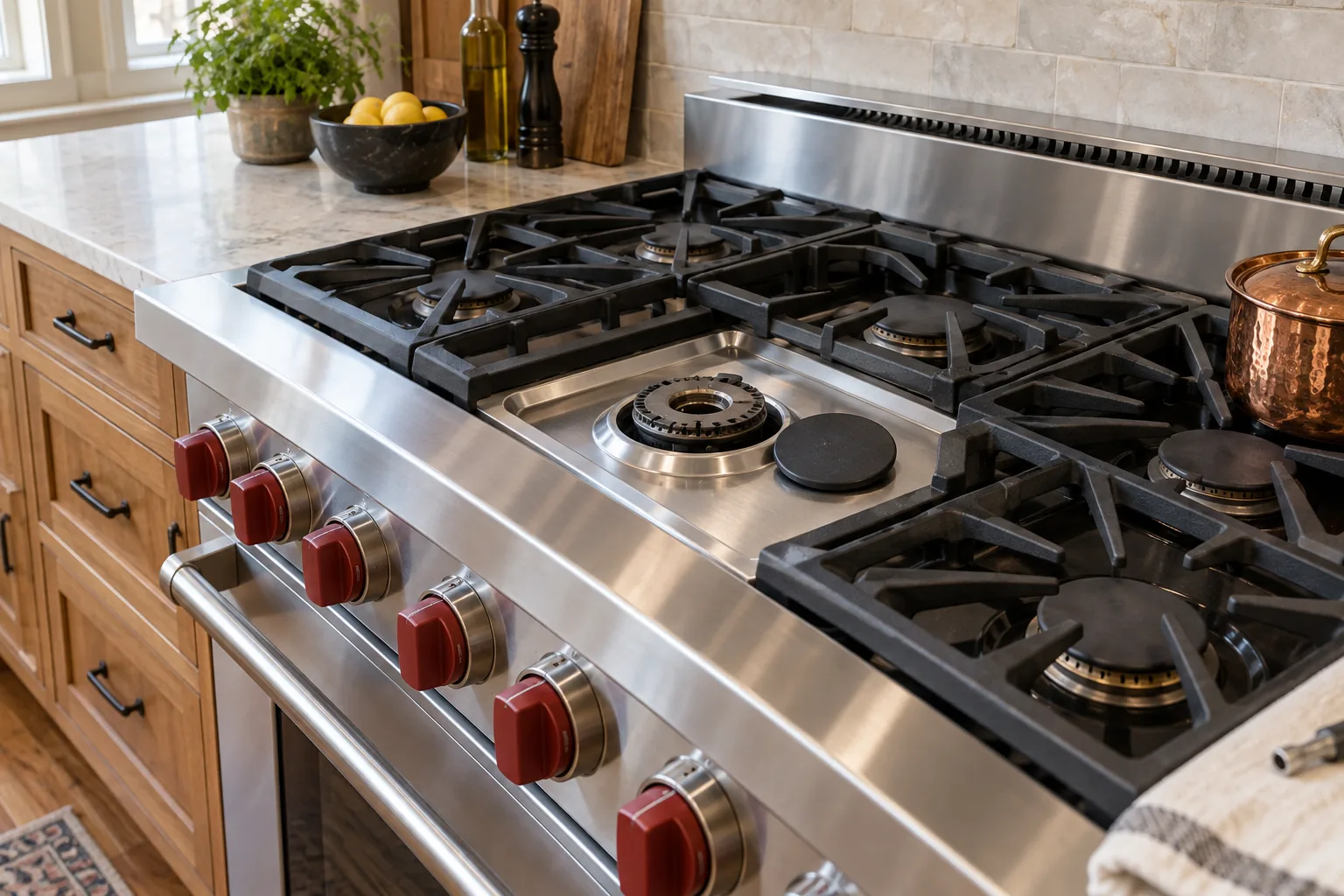 Wolf-style range with red knobs and a removed cold burner cap