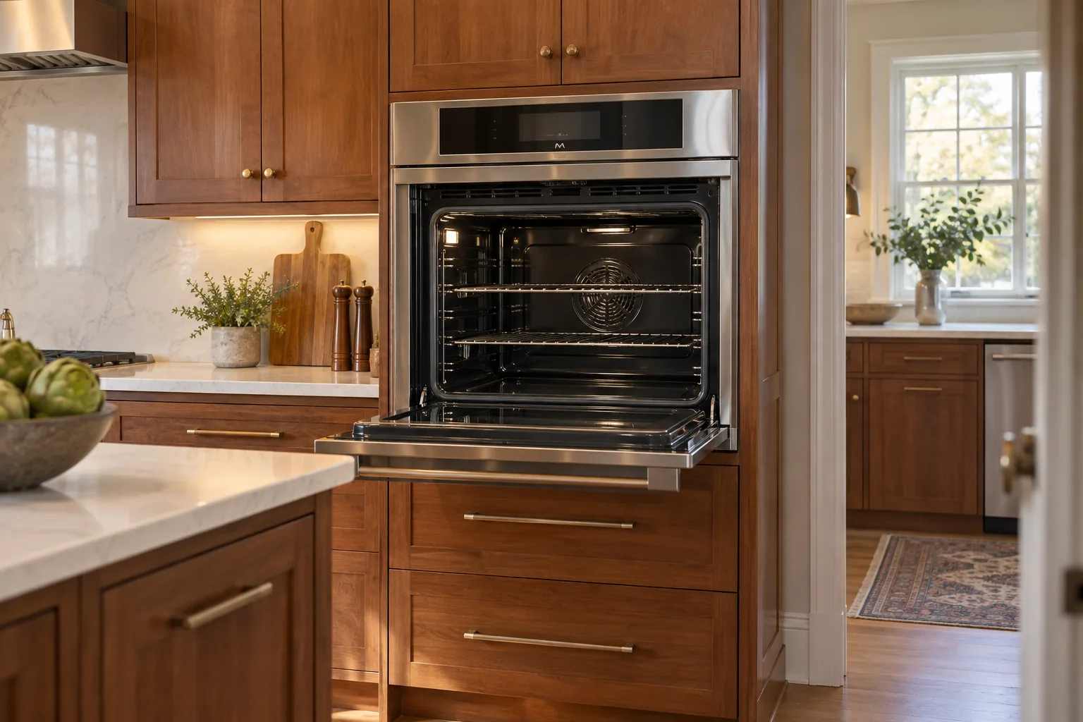Illustrative open wall oven with empty racks in a cherry kitchen