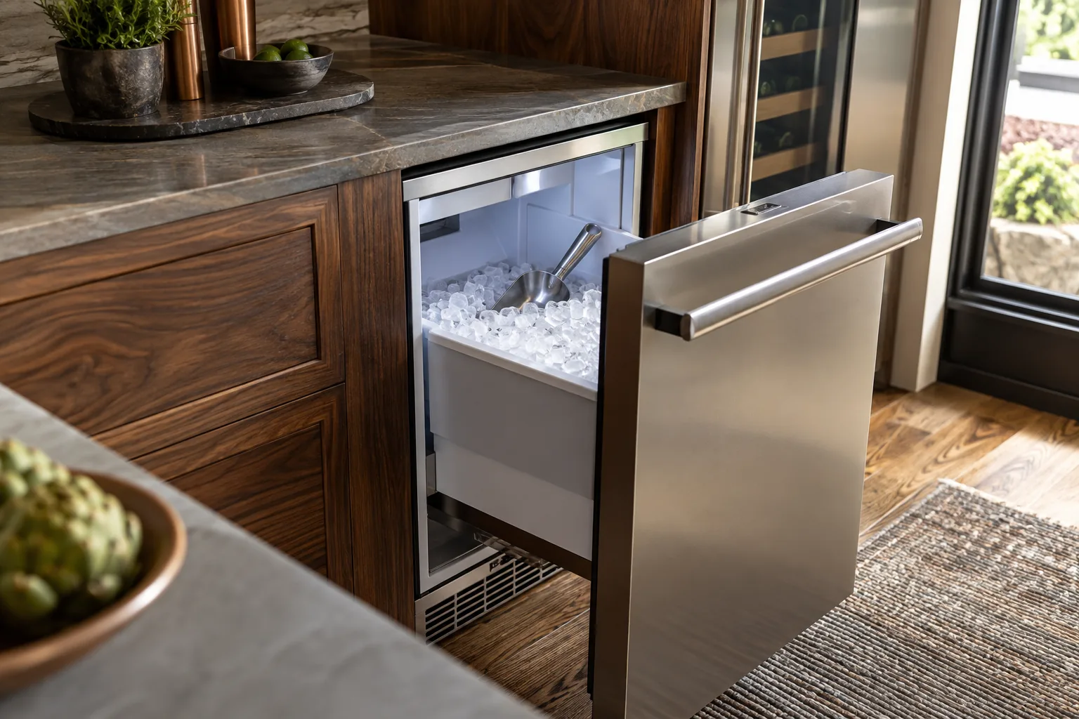 Illustrative open undercounter ice bin with scoop in walnut kitchen