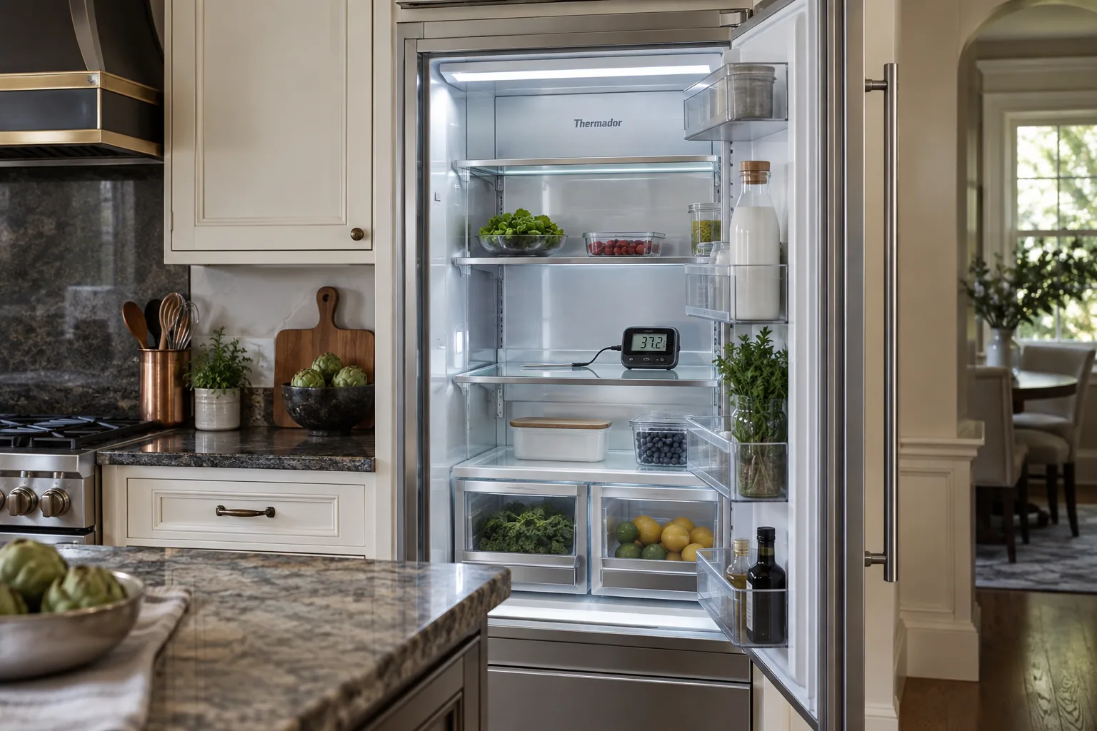 Illustrative open refrigerator with shelf probe in a cream kitchen