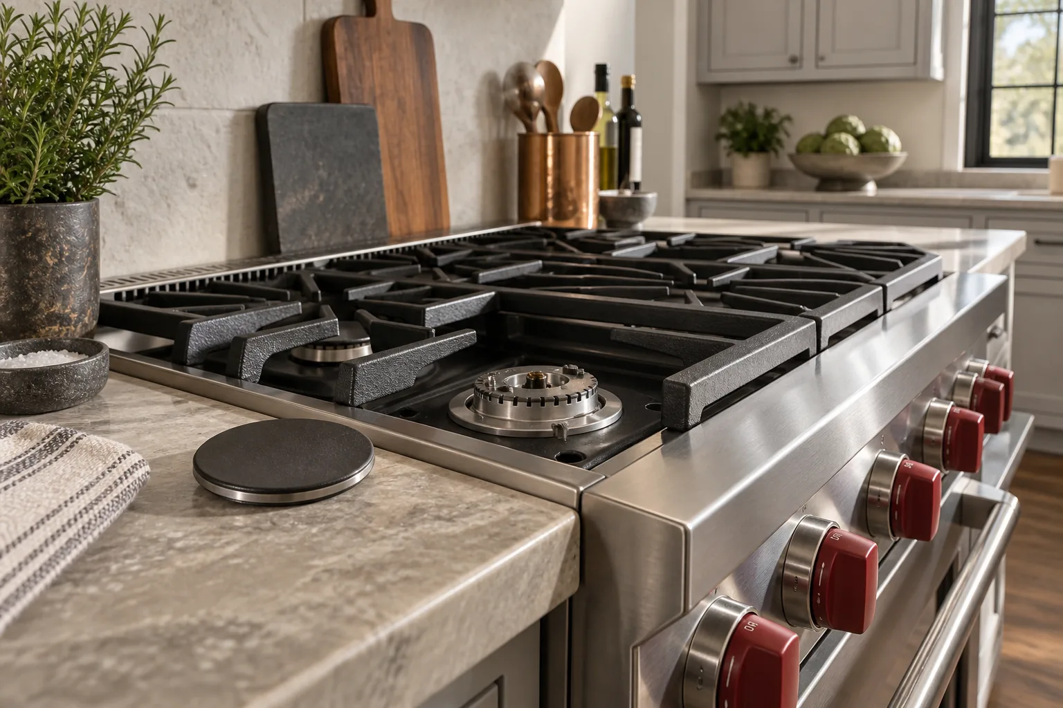 Illustrative stainless range with red knobs and removed cold burner cap