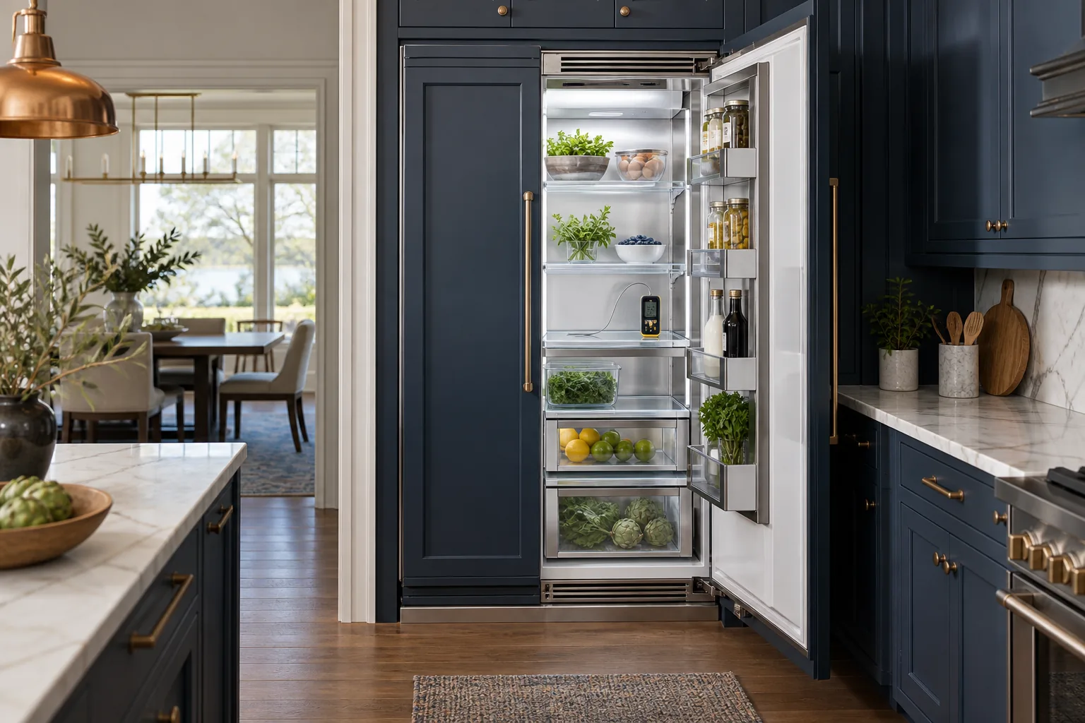 Illustrative tall open refrigerator with probe on shelf in navy kitchen