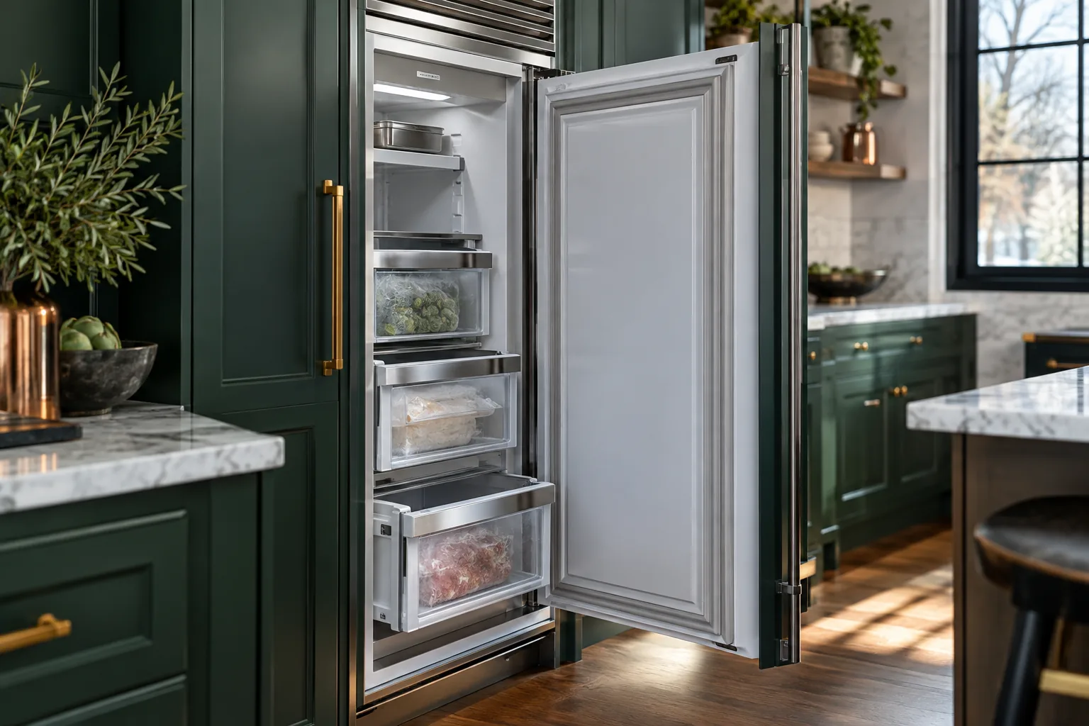 Open paneled freezer with storage drawers extended in a green kitchen