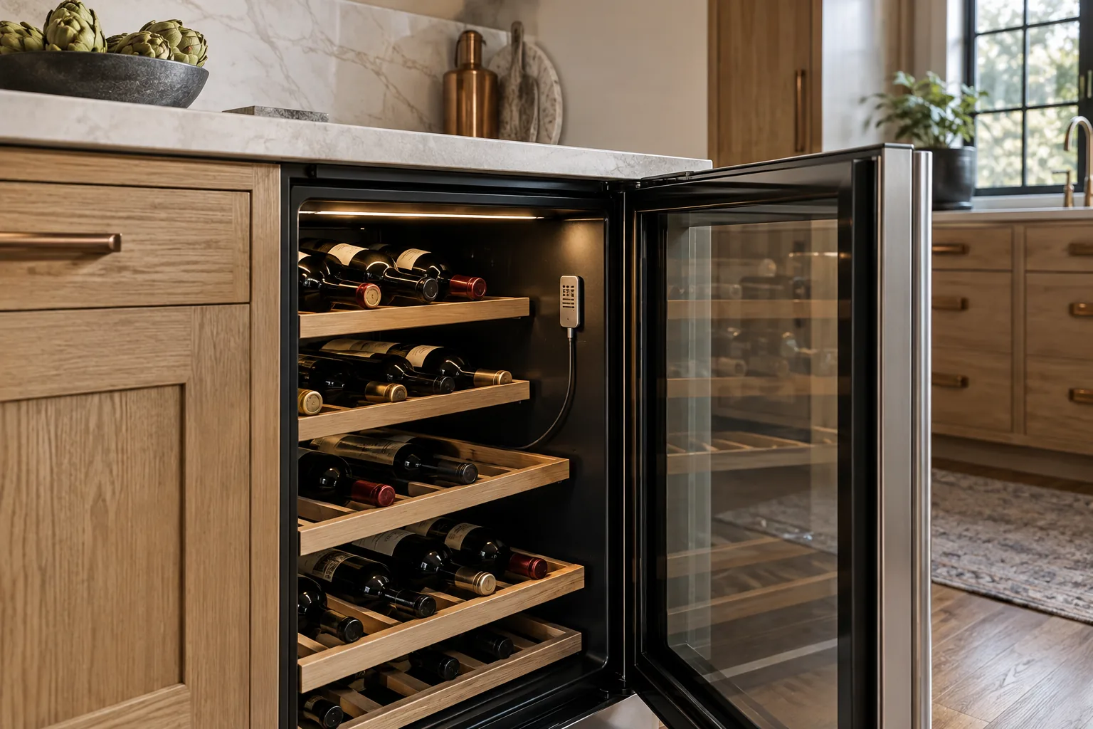 Illustrative open wine cabinet with wooden shelves and interior temperature sensor