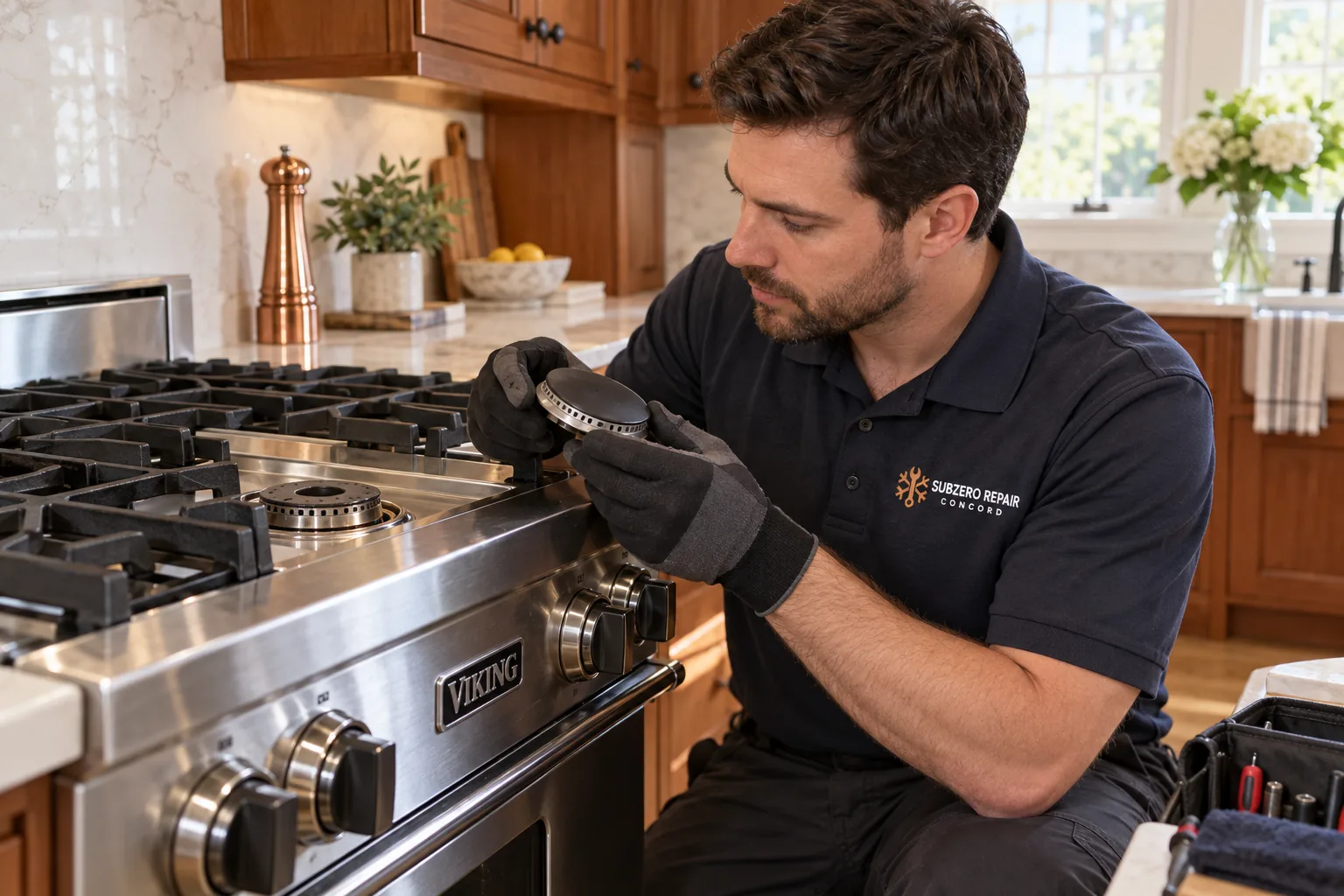 Technician examining a cold burner cap beside a Viking range in a cherry kitchen