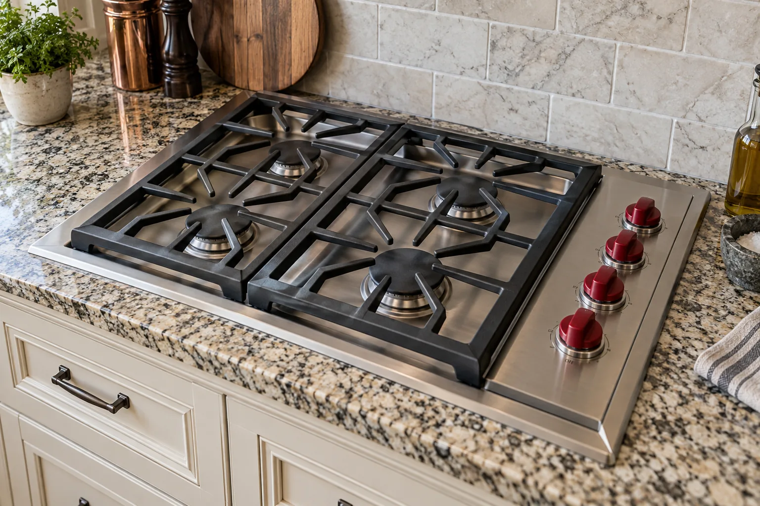 Cold inset cooktop with red knobs set into patterned granite