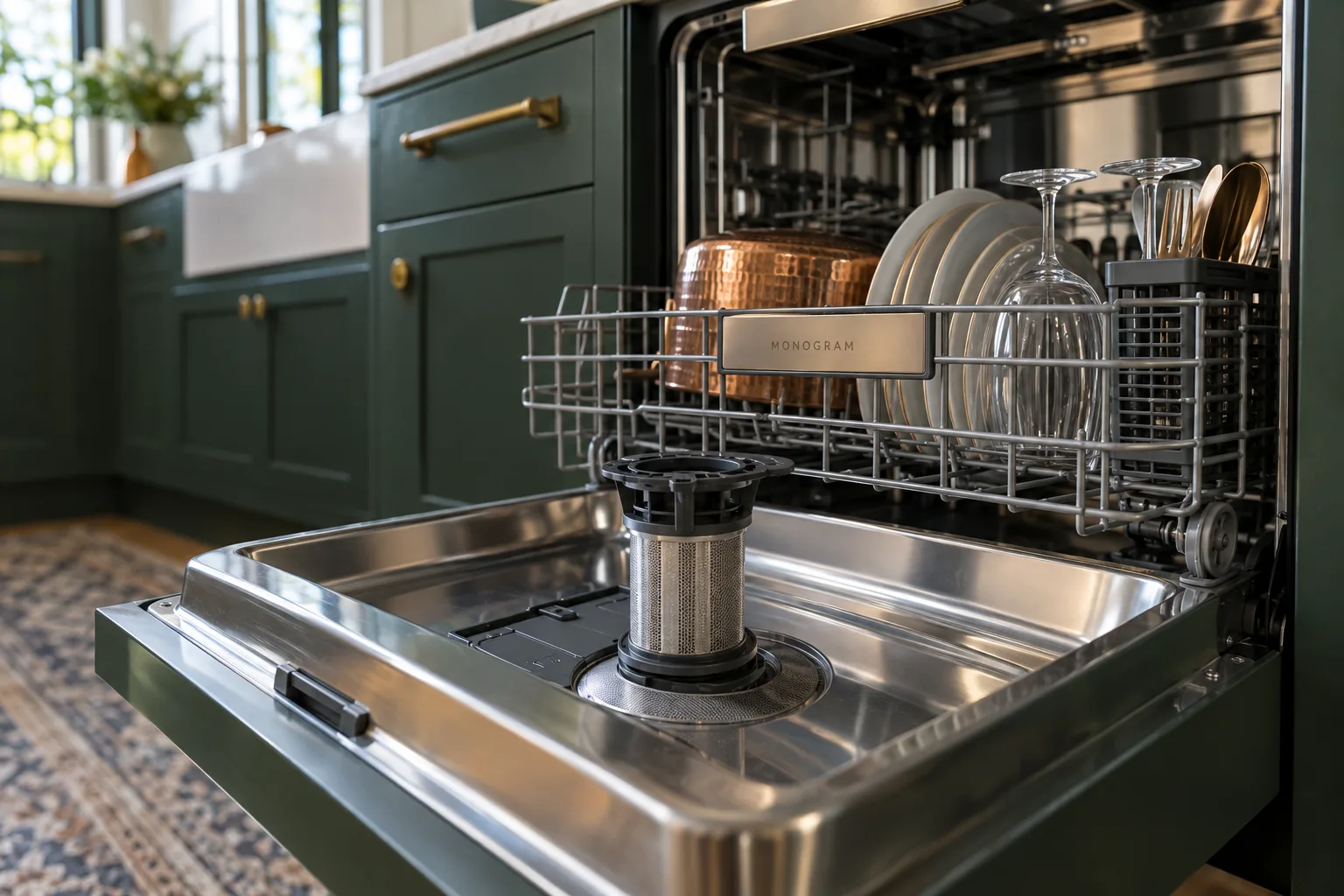 Illustrative removable filter resting on an open dishwasher door