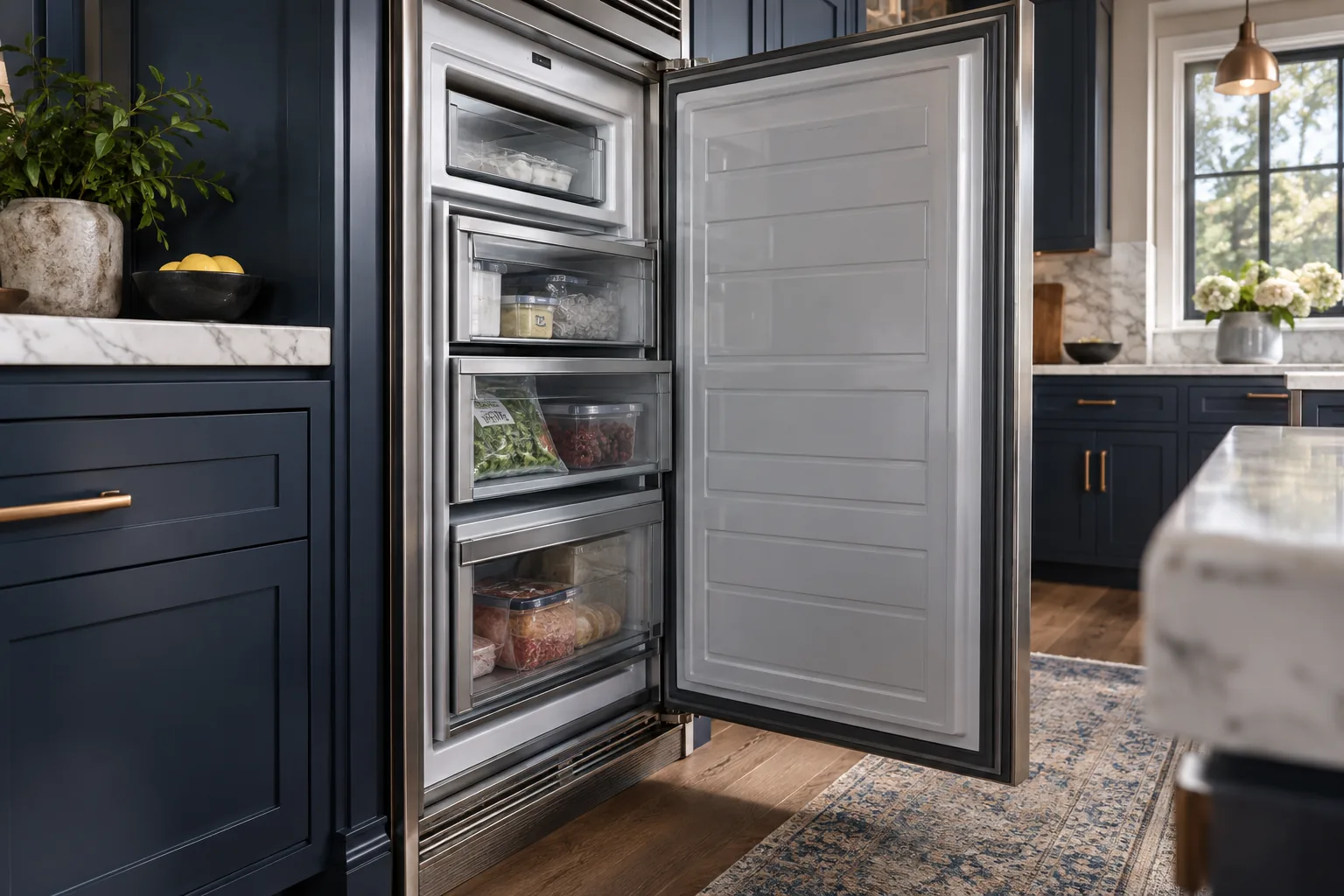 Illustrative open upright freezer with drawers and visible door gasket