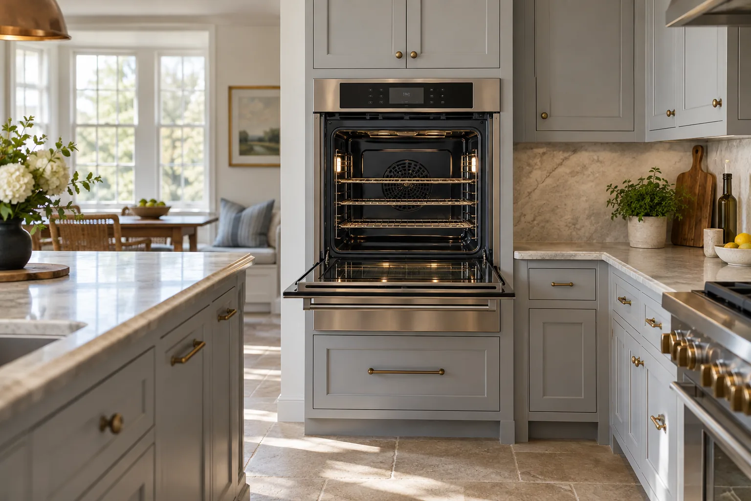 Illustrative open wall oven with empty racks in a pale gray kitchen