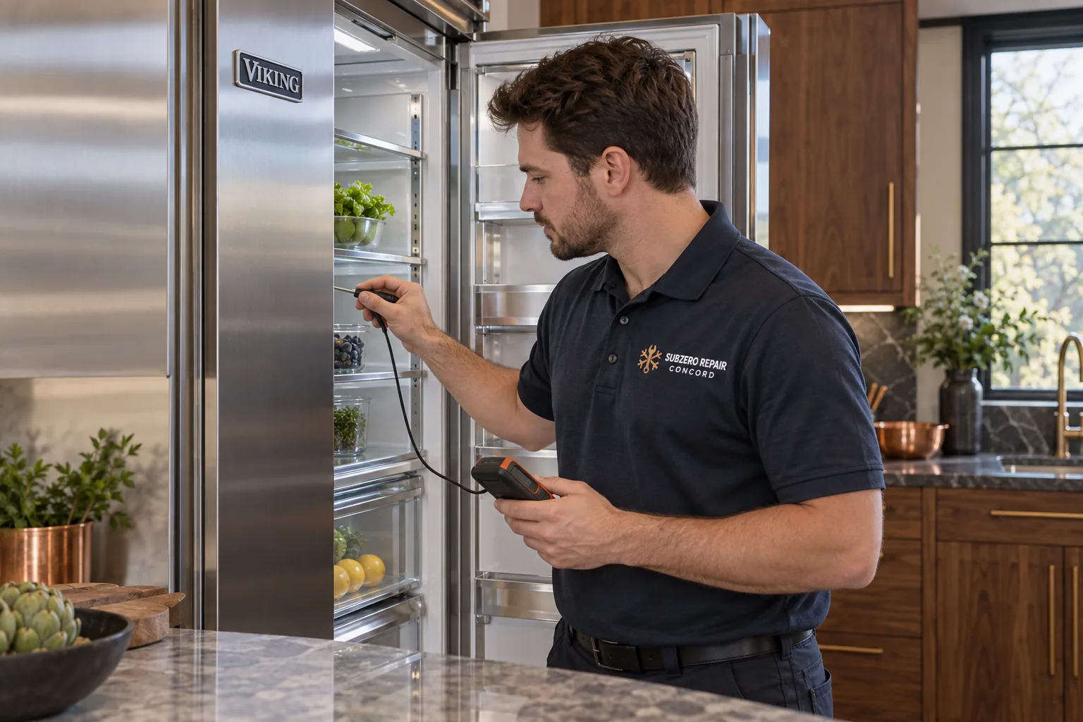 Illustrative technician checking refrigerator temperature with a probe