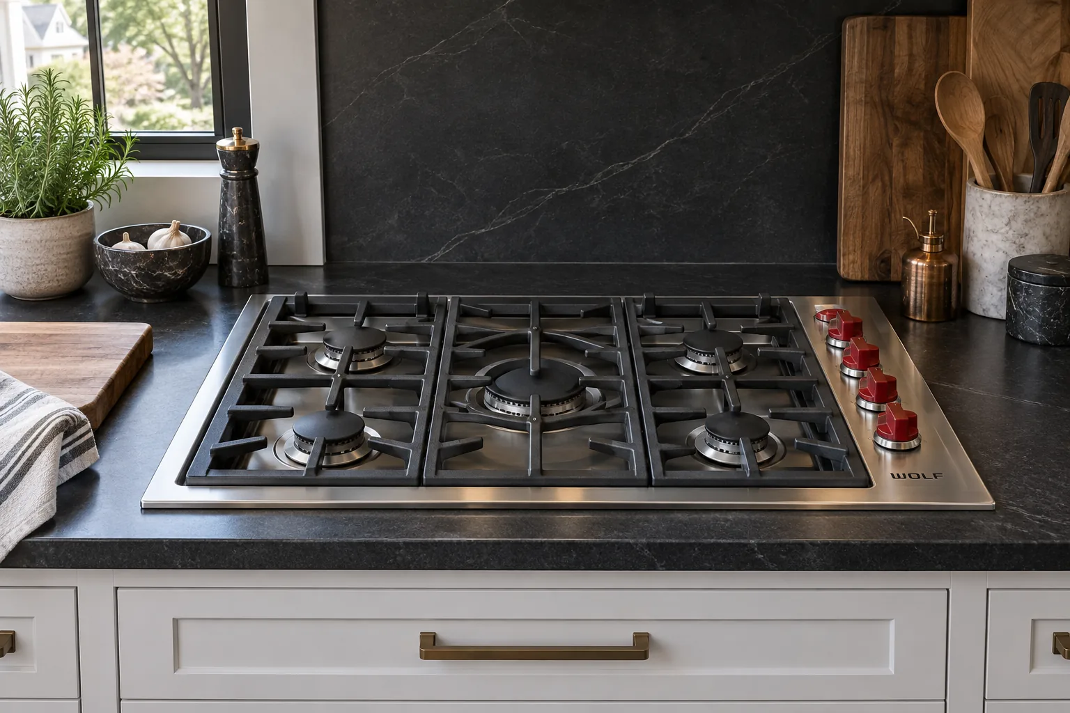 Illustrative cold inset cooktop with red knobs and soapstone counters