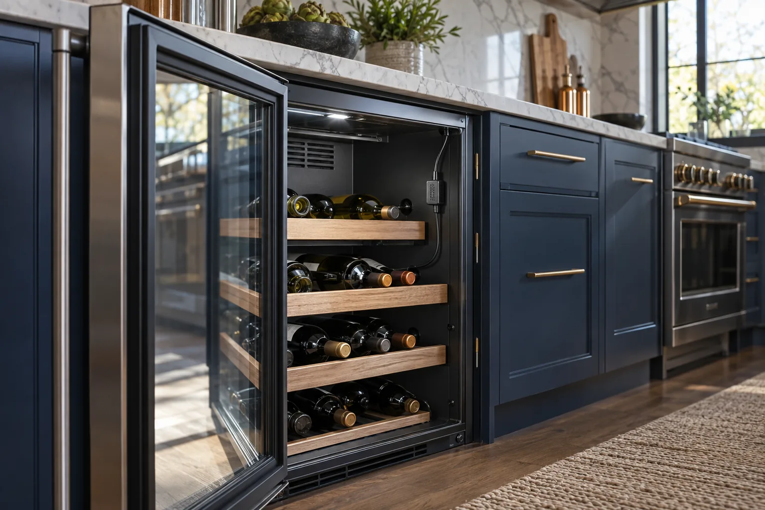 Illustrative open wine cabinet with wooden bottle shelves and temperature sensor