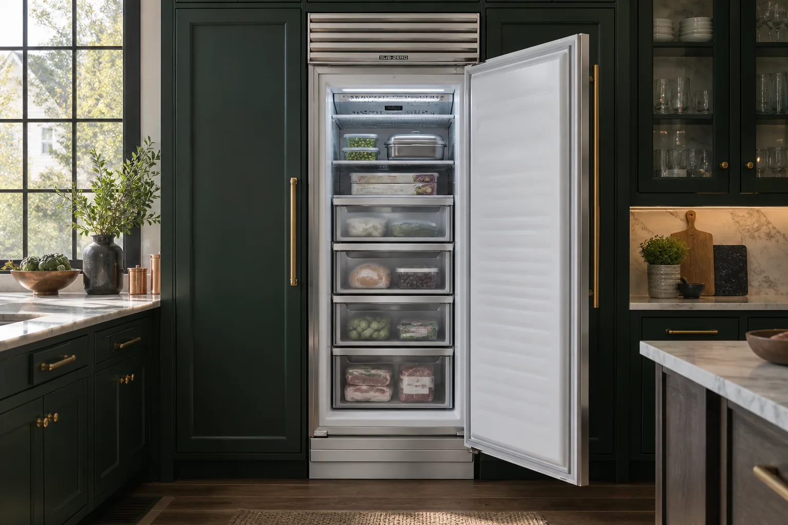 Illustrative open upright freezer integrated into a green kitchen