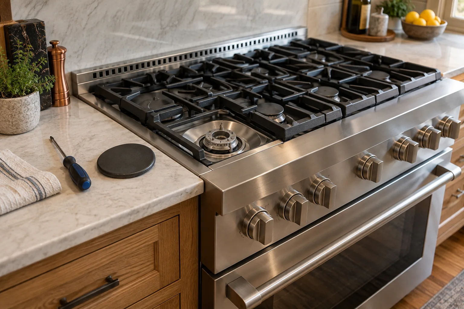 Illustrative cold stainless range with removed burner cap in an oak kitchen