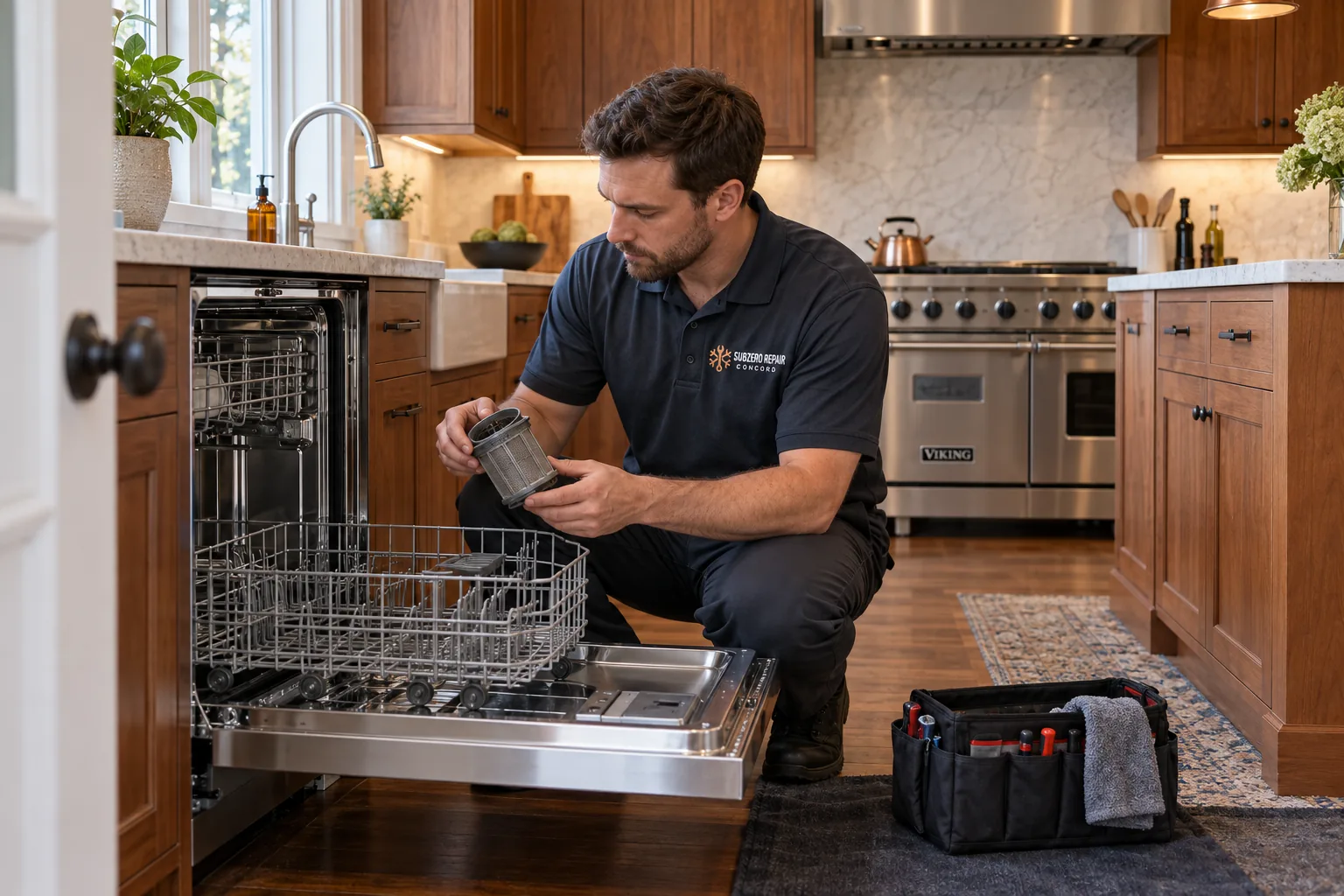 Illustrative technician examining a dishwasher filter in a cherry kitchen