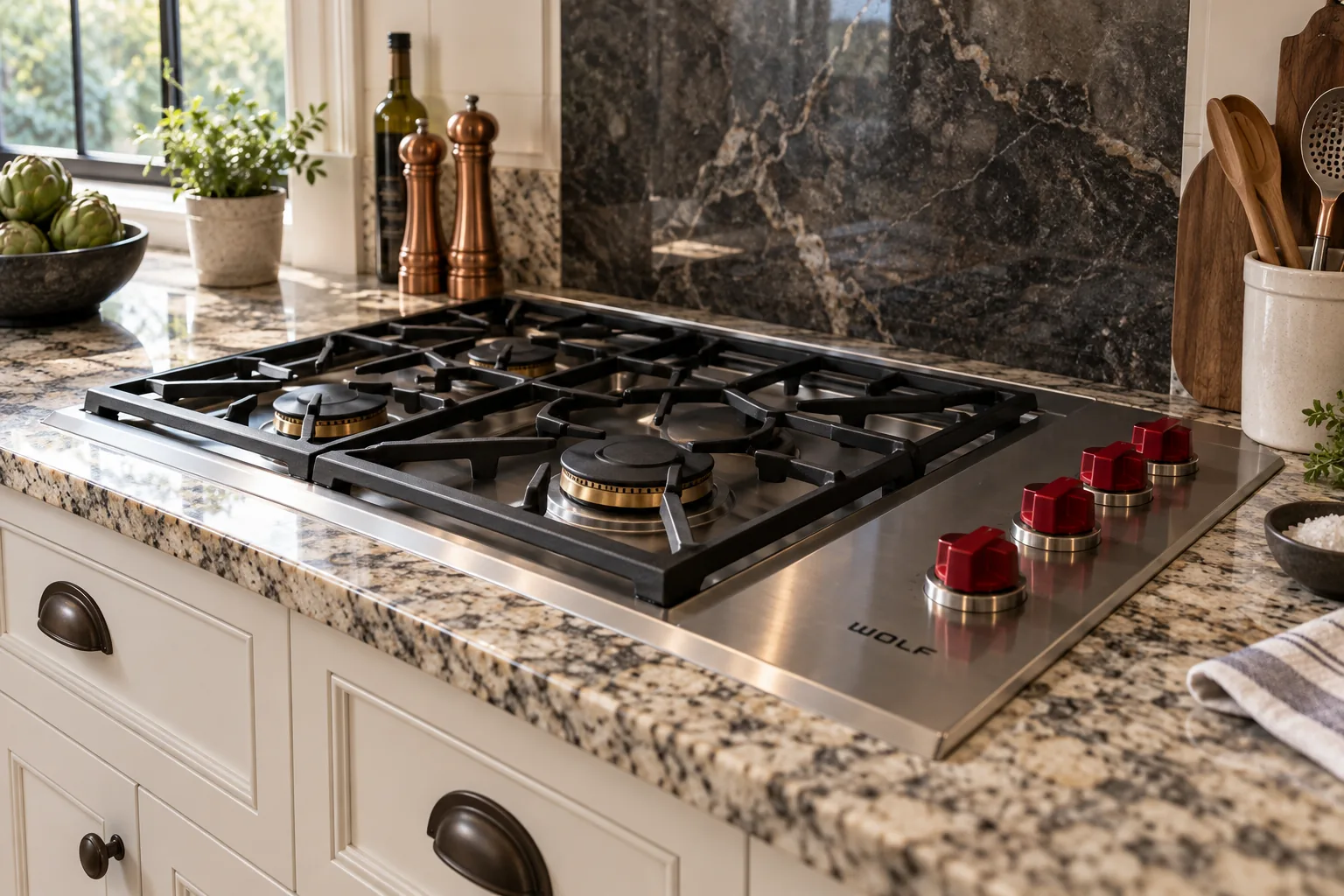 Illustrative cold inset cooktop with red knobs and granite counters