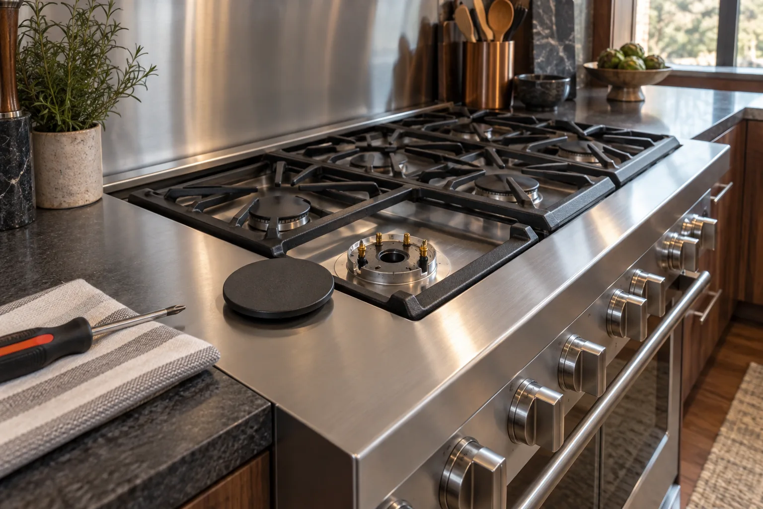 Illustrative stainless range with a removed burner cap and screwdriver