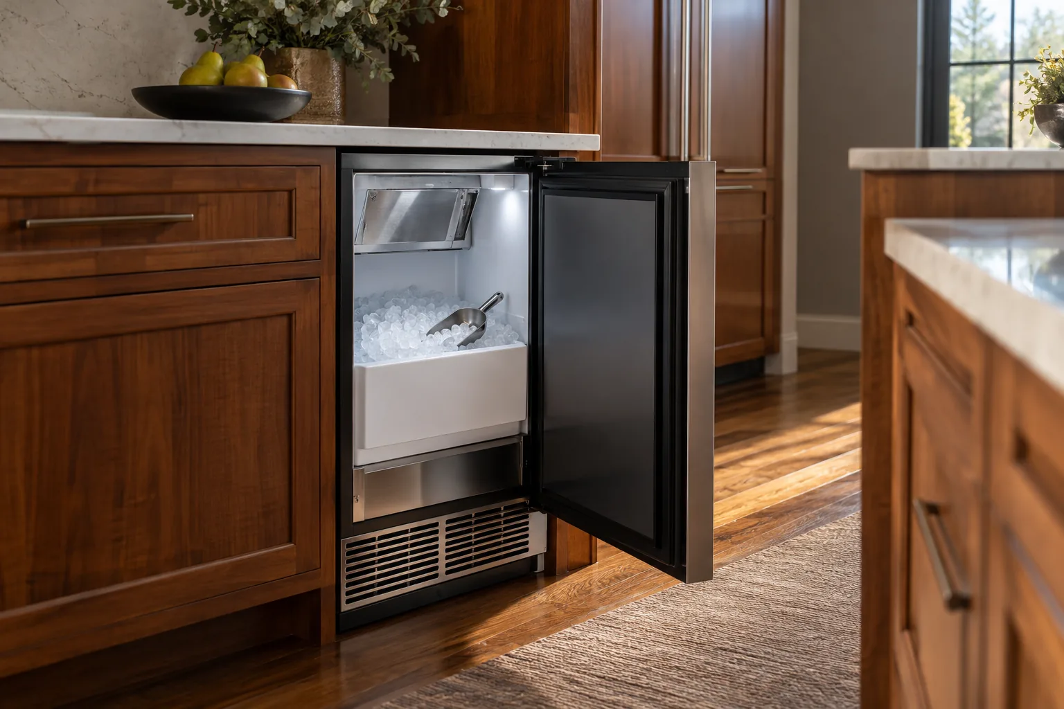 Illustrative open ice machine with scoop and ice bin in a cherry kitchen