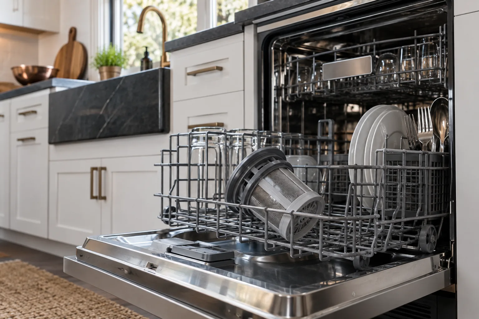 Illustrative open dishwasher with removable filter on its lower rack