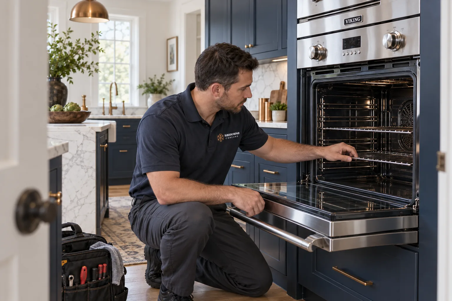 Illustrative technician inspecting wall oven racks in a navy kitchen