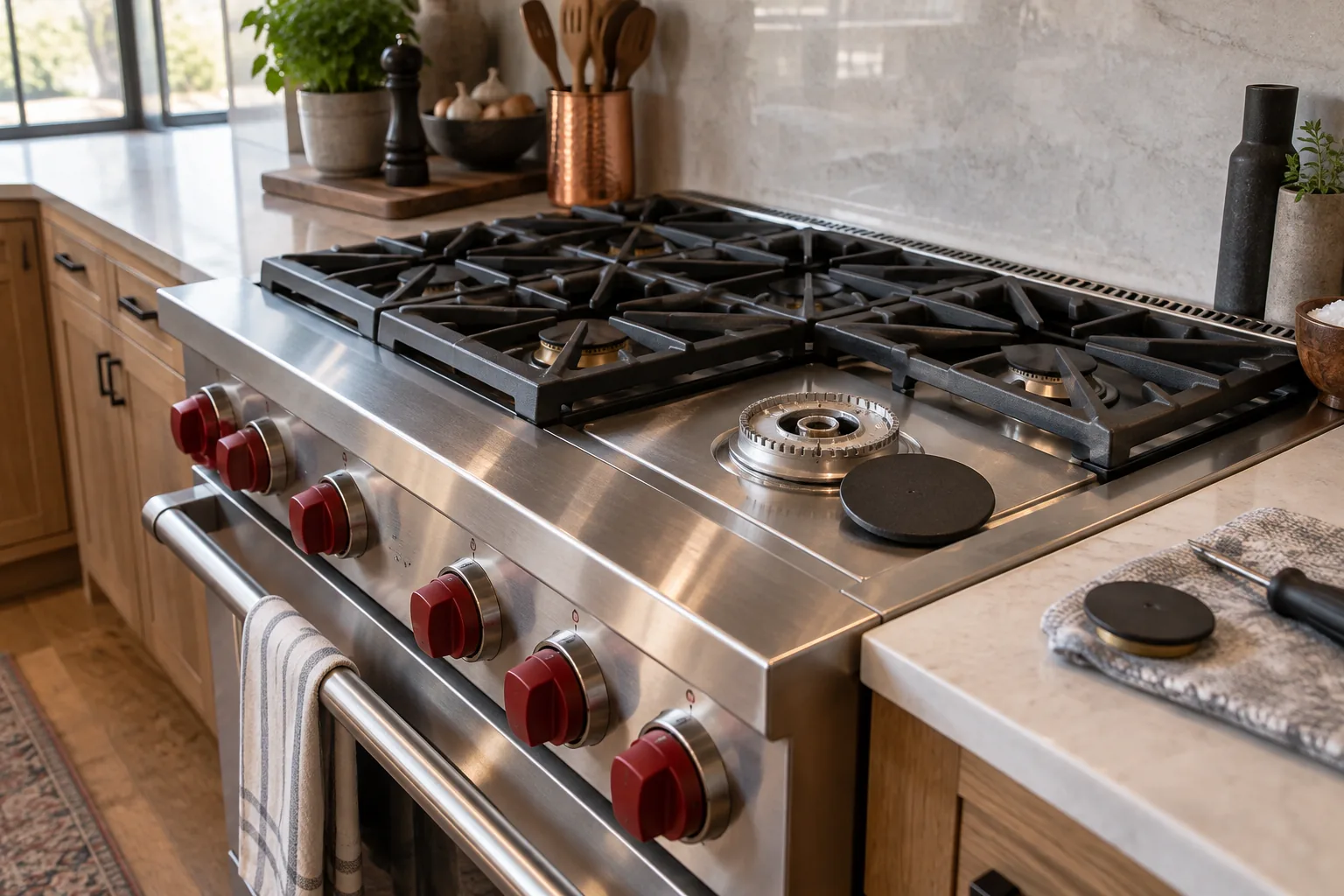Illustrative cold stainless range with red controls and removed burner caps