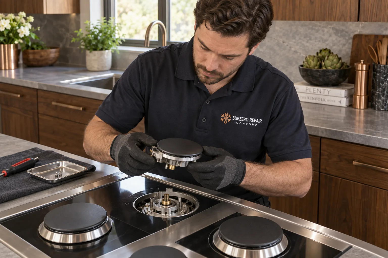 Technician inspecting a detached cooktop burner in a walnut kitchen