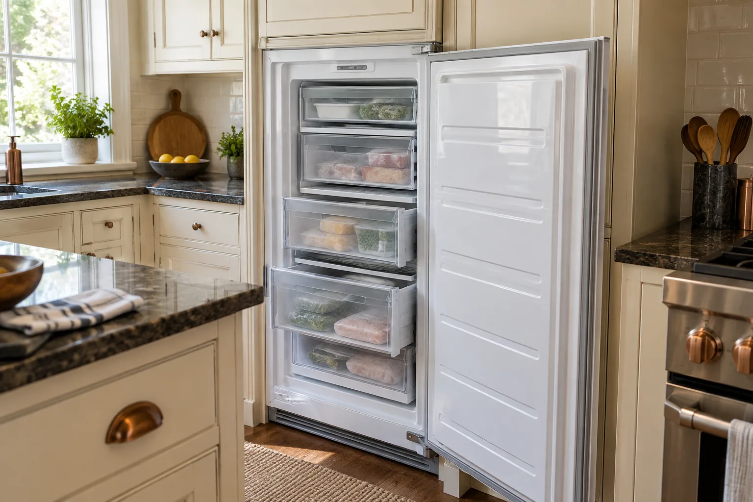 Open integrated freezer with two storage drawers extended