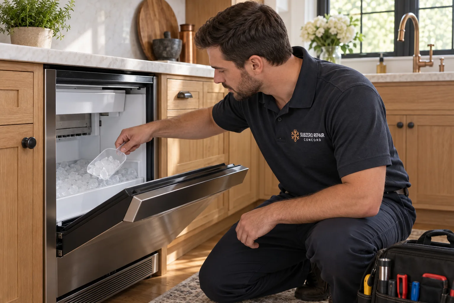Technician checking clear ice with a scoop in an undercounter ice maker