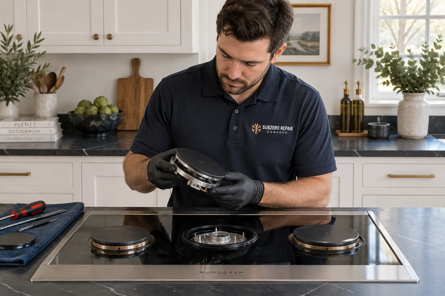 Technician examining a removed cooktop burner assembly