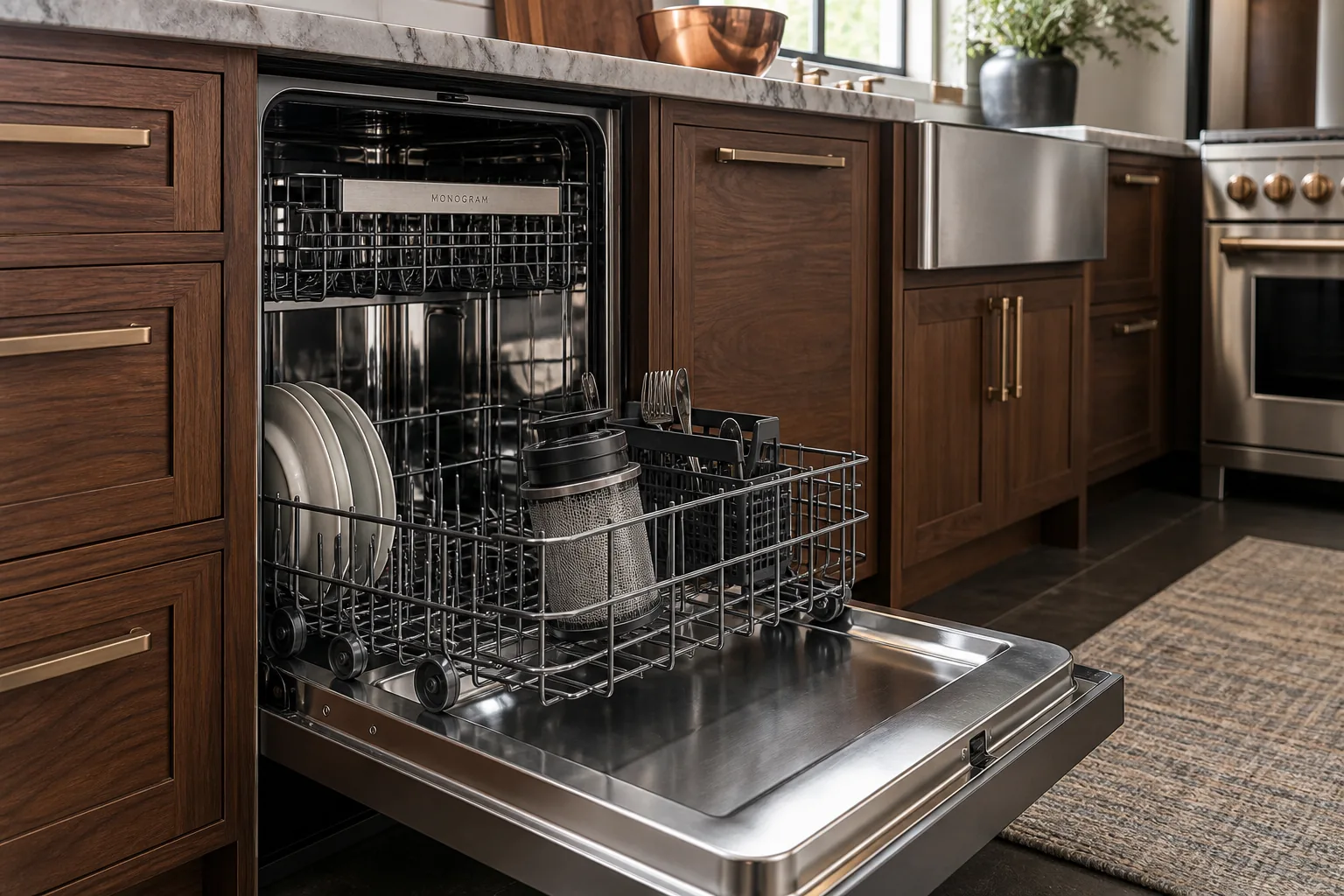 Open dishwasher with its filter placed in the lower rack in a walnut kitchen