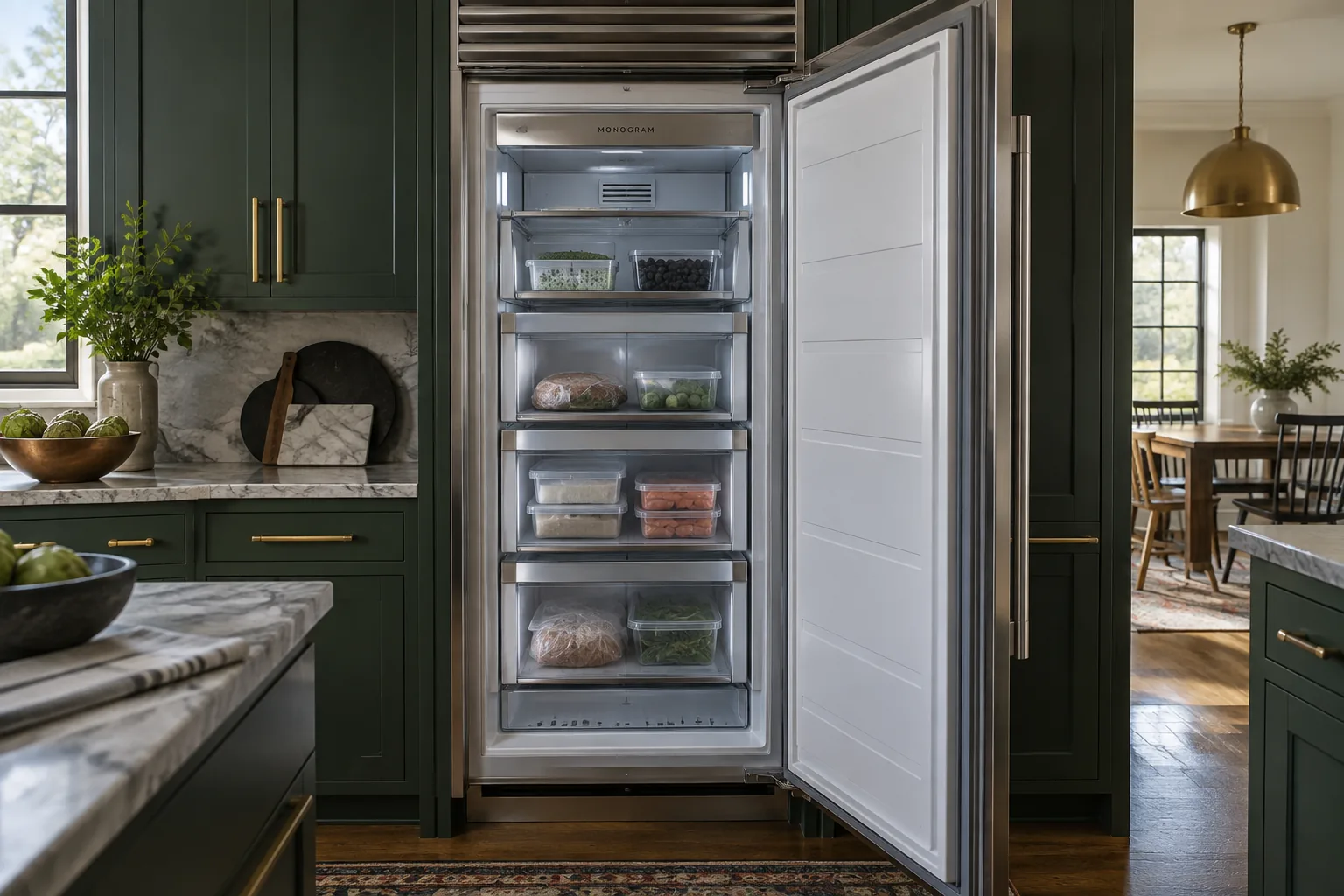 Open upright freezer integrated into deep green cabinets