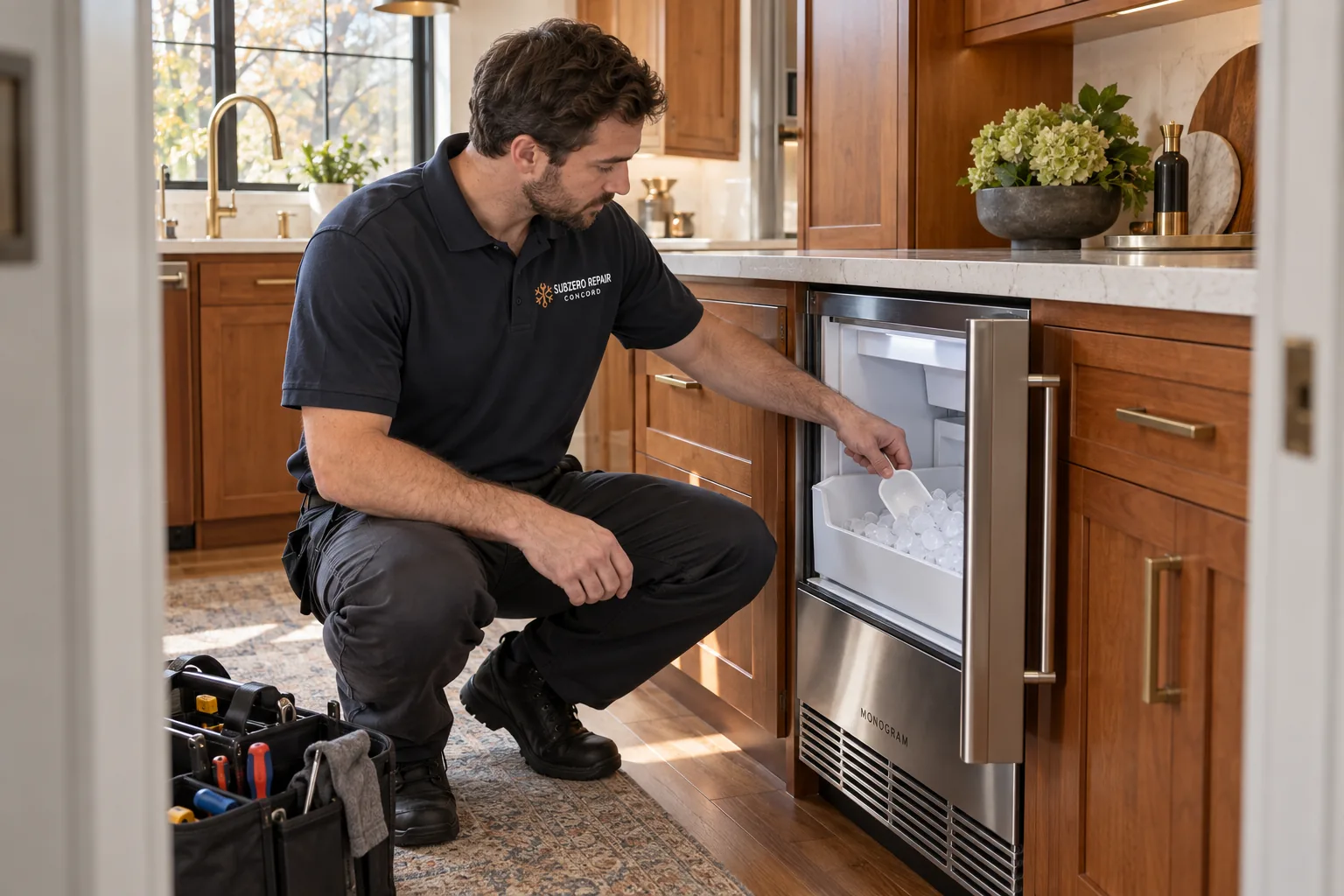 Technician inspecting an undercounter ice maker in a cherry kitchen