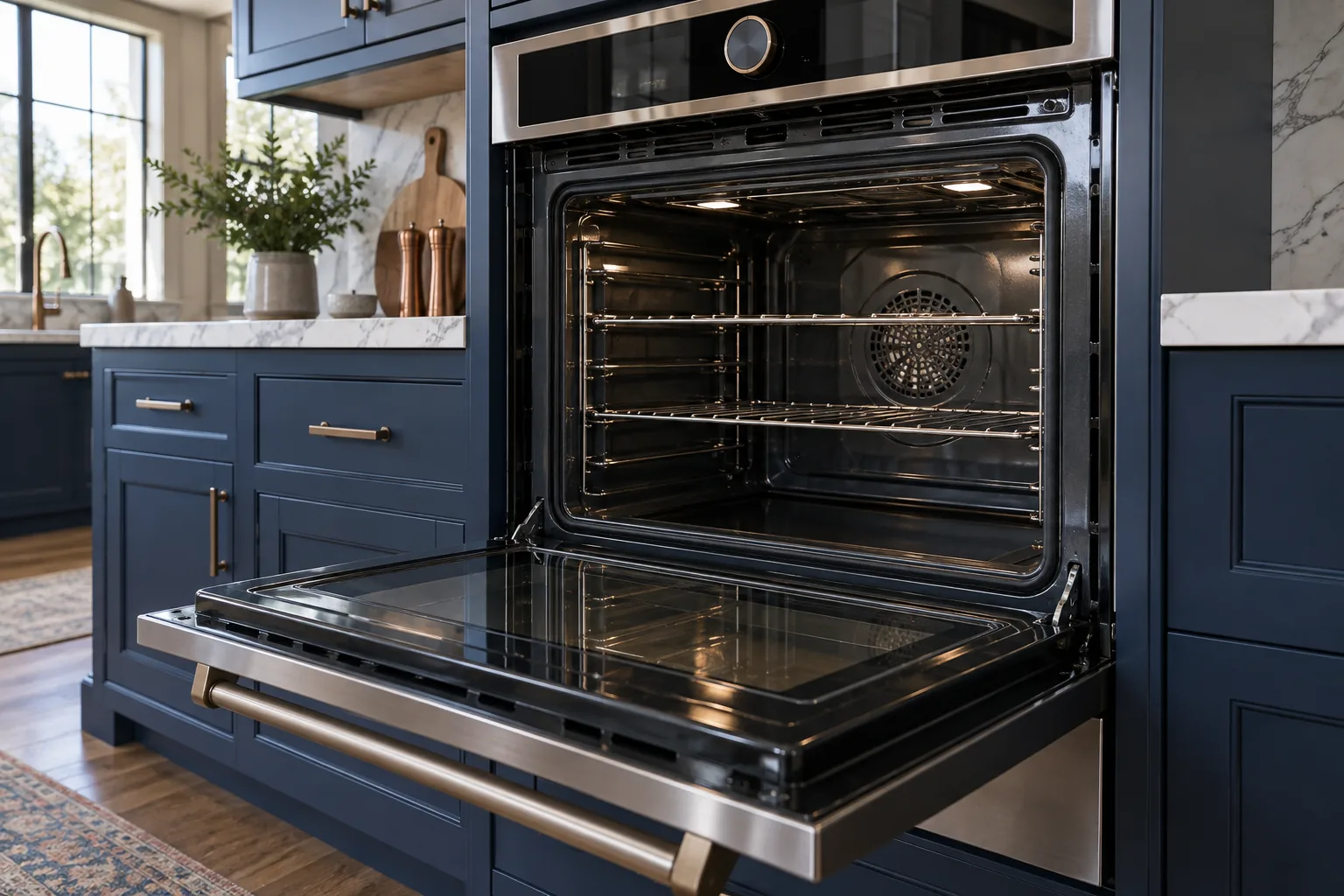 Open built-in wall oven surrounded by navy cabinets