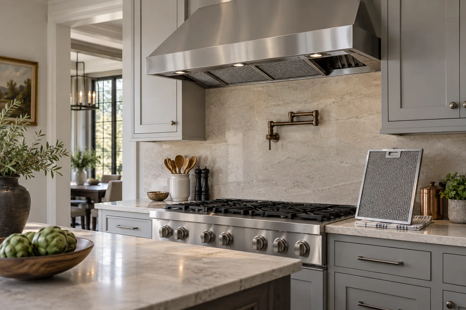 Stainless range hood with a removed mesh filter on a folded towel