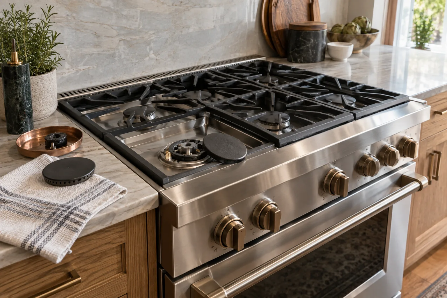 Cold professional range with a burner cap removed for inspection