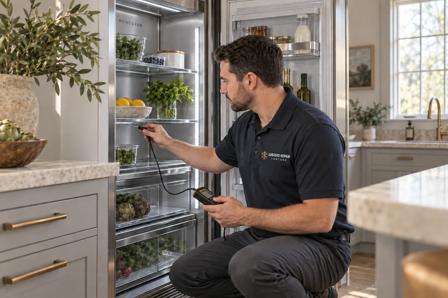 Technician checking an open Monogram refrigerator with a probe thermometer