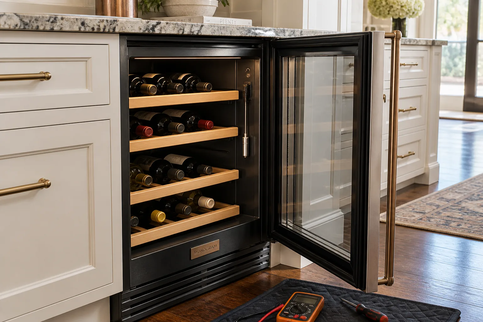 Open undercounter wine cooler with wooden bottle racks