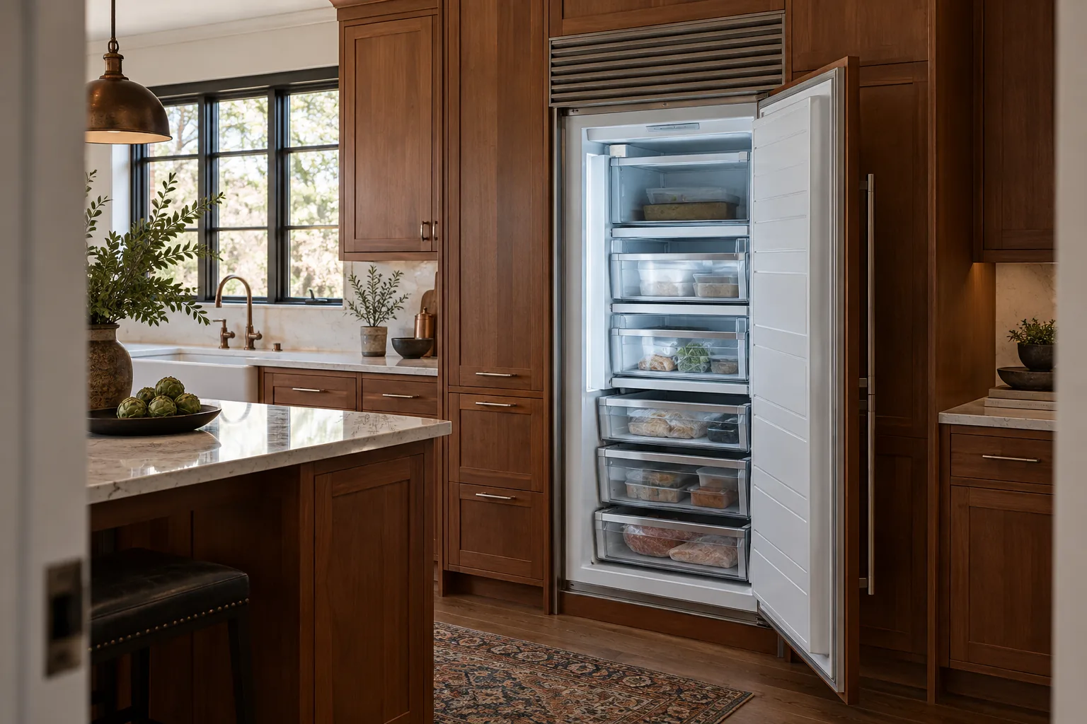 Open upright freezer in a cherry kitchen