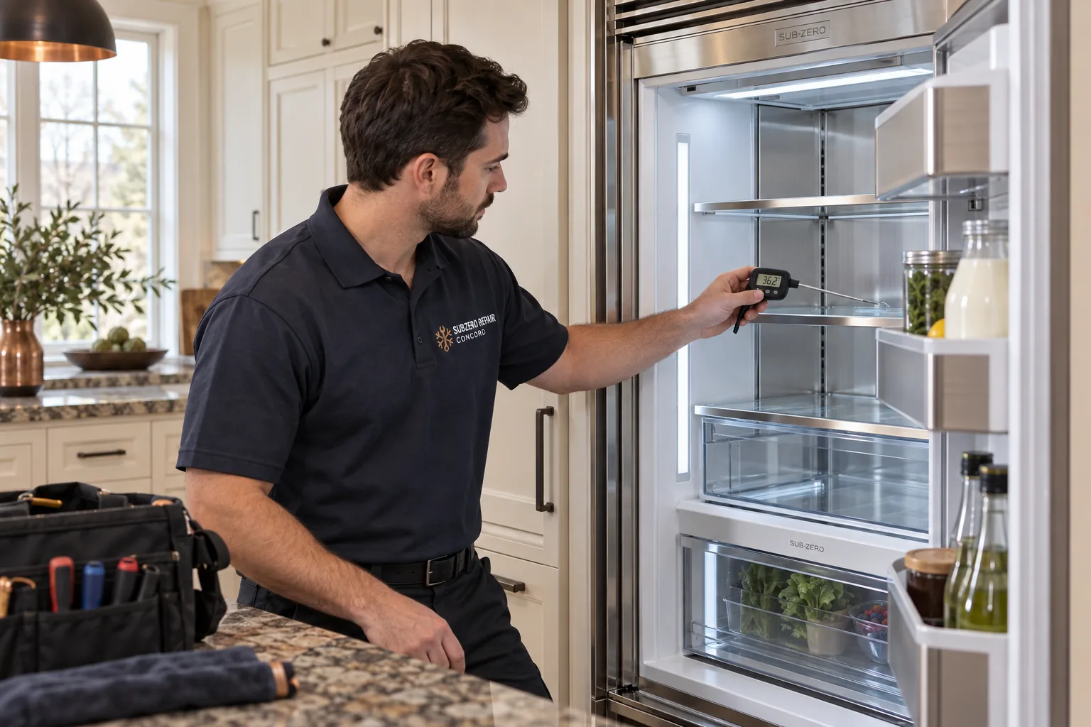 Technician measuring refrigerator shelf temperature