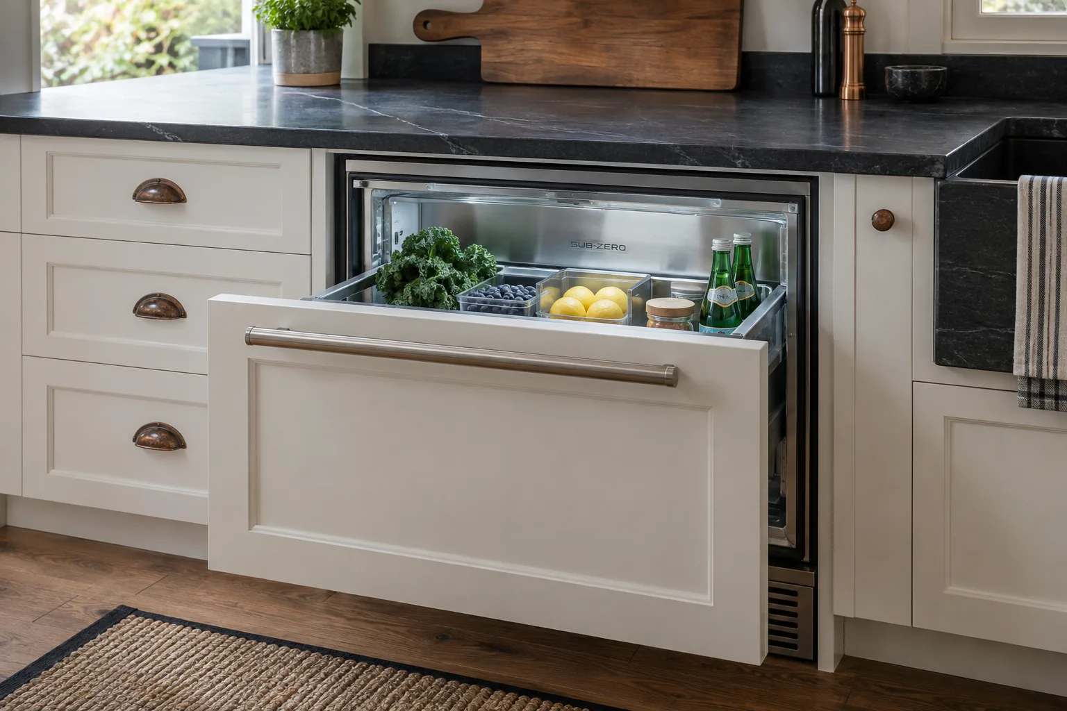 Open undercounter refrigerator drawer with fresh produce