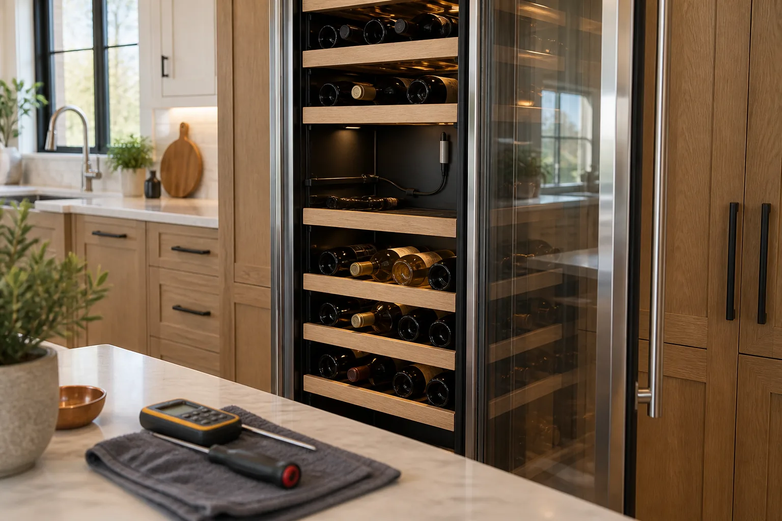 Open wine cooler with a temperature sensor and service tools
