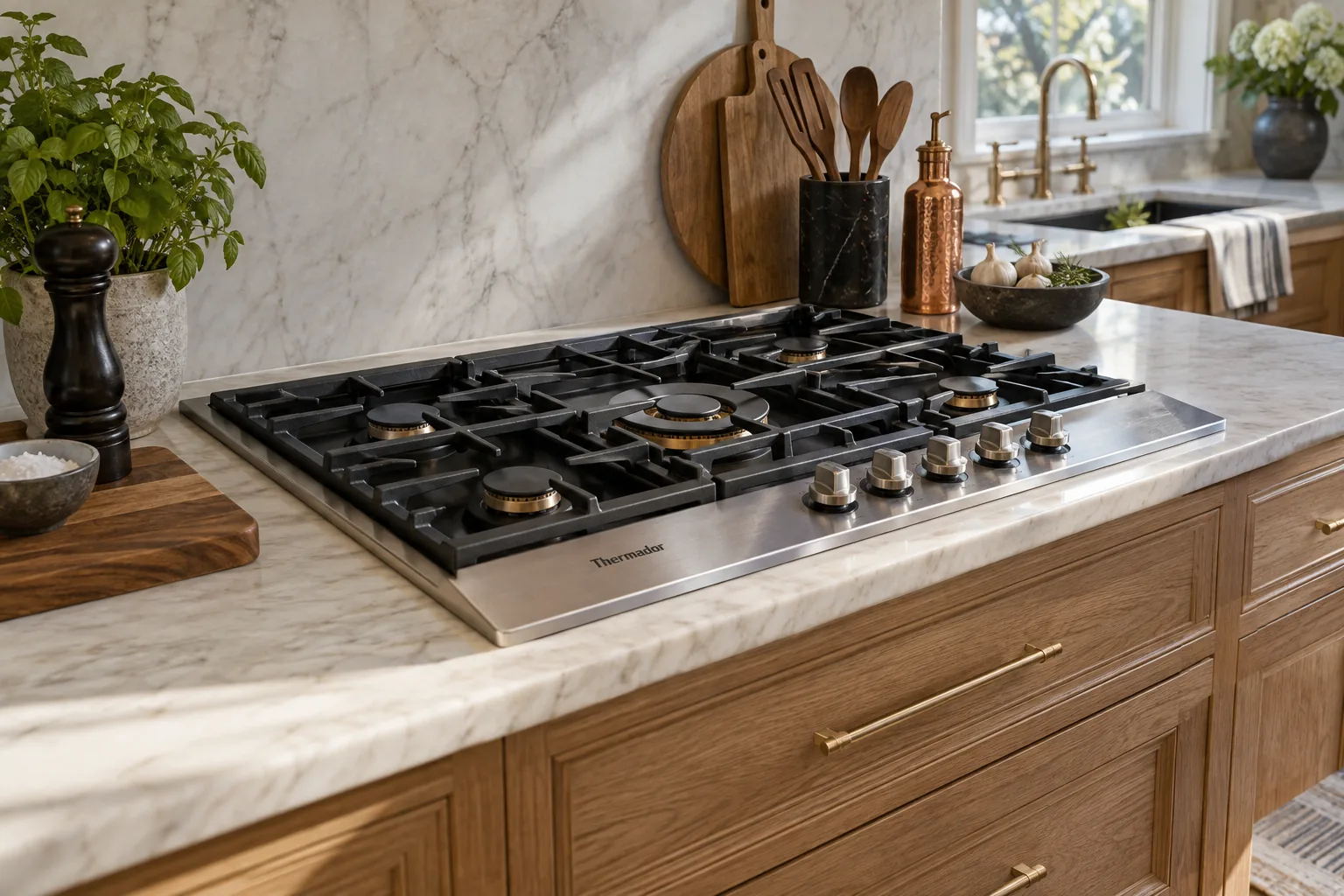 Cold stainless cooktop set into pale stone counters above oak cabinets