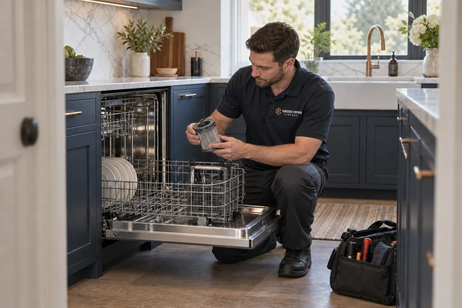 Technician inspecting a dishwasher filter in a navy kitchen